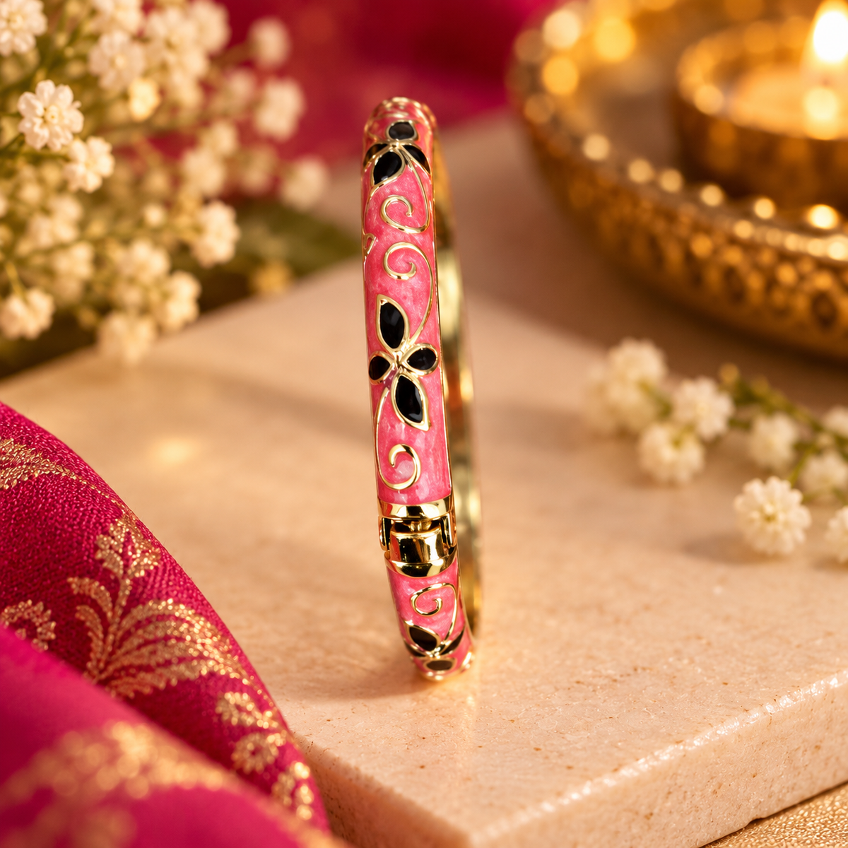 Multicolour Floral Enamel Bangle for Women – Aqua Pink,purple and  green-golden Tone Design