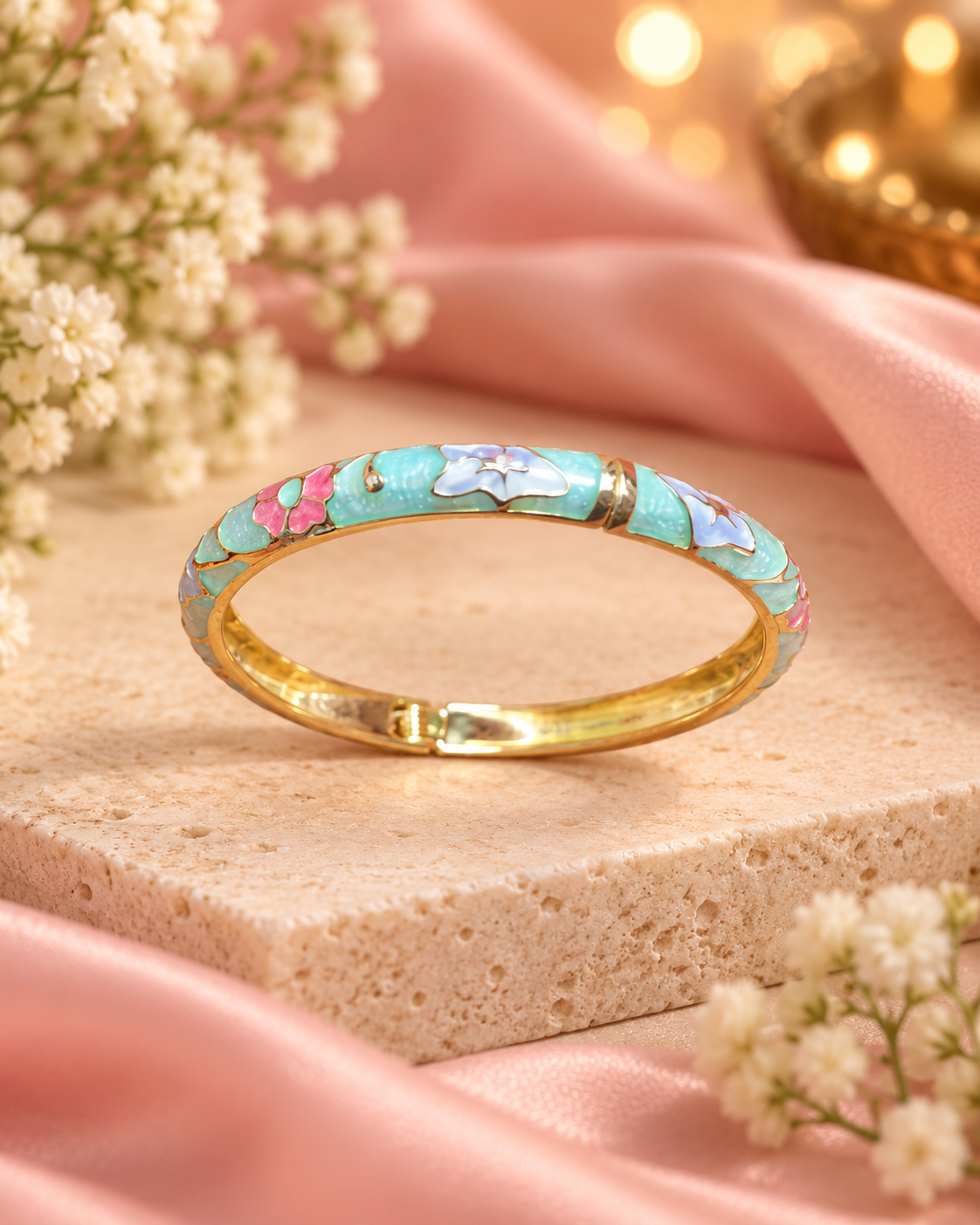 Multicolour Floral Enamel Bangle for Women – Aqua Pink,purple and  green-golden Tone Design