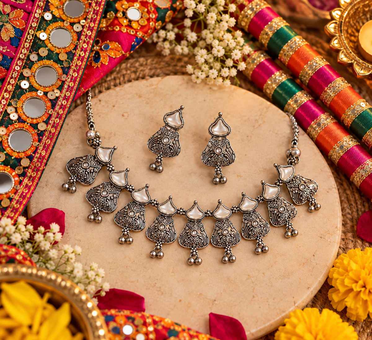 A silver-toned traditional Indian jewelry set featuring a necklace and matching earrings with ornate filigree details and white stone accents, arranged on a round beige stone plate surrounded by colorful decorative textiles, flowers, and a brass lamp.